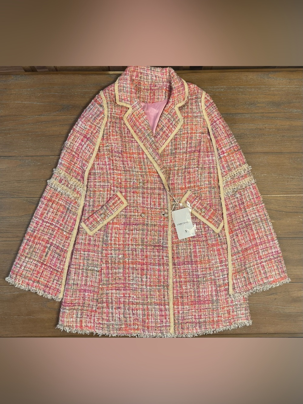 Pink Tweed Double-Breasted Dress with Cape with Cream Trim #126